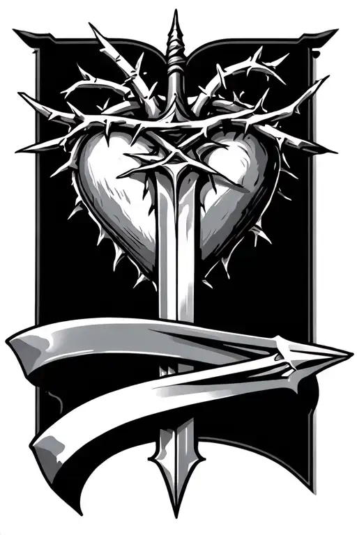 heart with crown of thorns and dagger going through the middle tattoo design idea