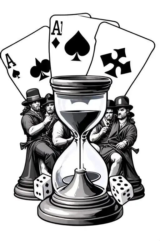 hour glass with one life one chance written four aces cards two dice a king and queen chess piece with gangsters in back tattoo design idea