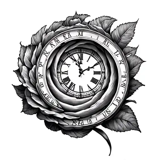 fade in a spiraling staircase up a forearm into a spiraling Roman numeral clock fading into a rose then fade the rose tattoo design idea