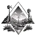 Inside of 3 staggered triangles put palm springs mountains with windmills and cactus tattoo design idea