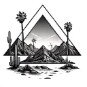 Inside of 3 staggered triangles put palm springs mountains with windmills and cactus tattoo design idea