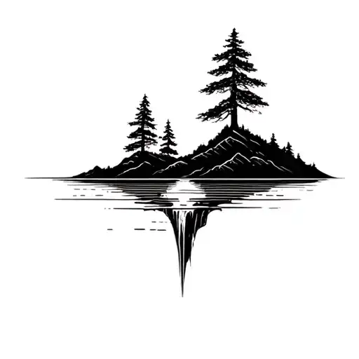 Floating Island, lake with waterfall, dark, simple, shadow tattoo design idea