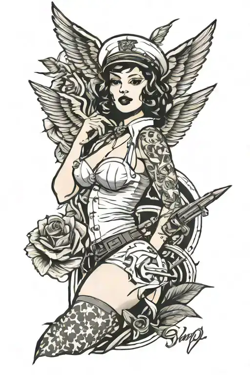 pin UP army semi nude tattoo design idea