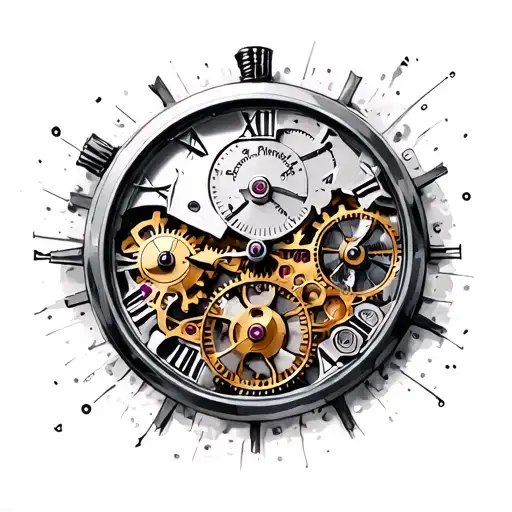 Broken watch dial with debris of gears, glass, springs, hands. Figure VIII in value tattoo design idea