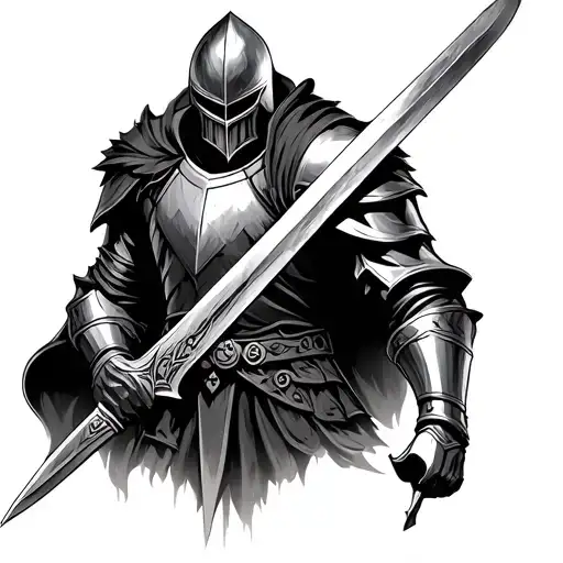 Generate tattoo that is styled to dark fantasy with tired knight holding a sword. The knight can be in different poses l tattoo design idea