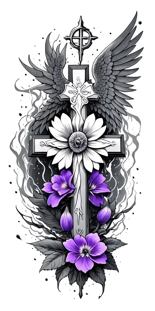 Violet flower intertwined with saint Michael cross with a stormy night background tattoo design idea