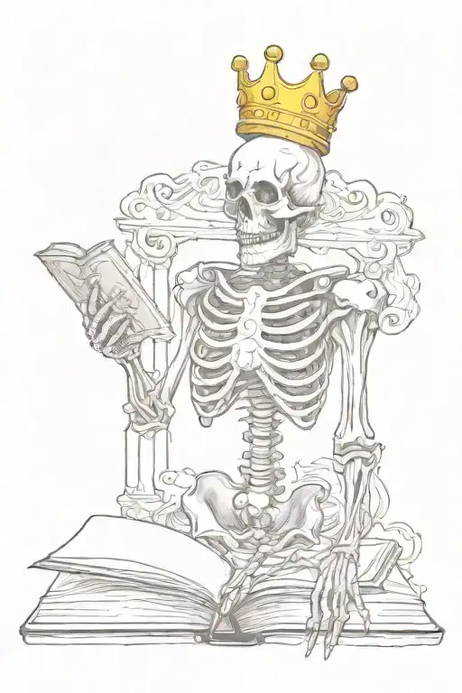 skeleton with a crown holding a cross and a book tattoo design idea