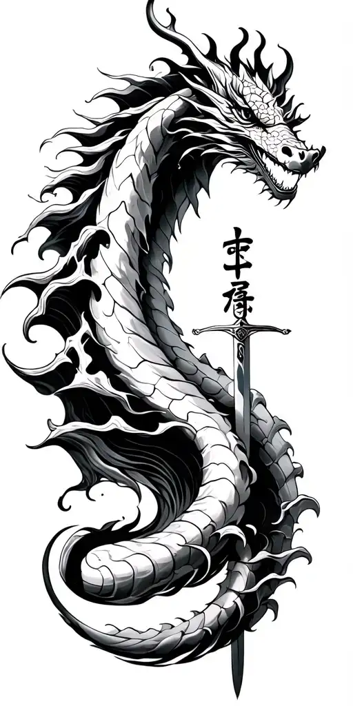 Sea dragon in waves that wrap around the arm and a sword on the forearm that has the Japanese Kanji for peace, love stre tattoo design idea