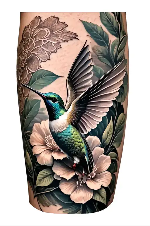 floral lace with hummingbird flying tattoo design idea