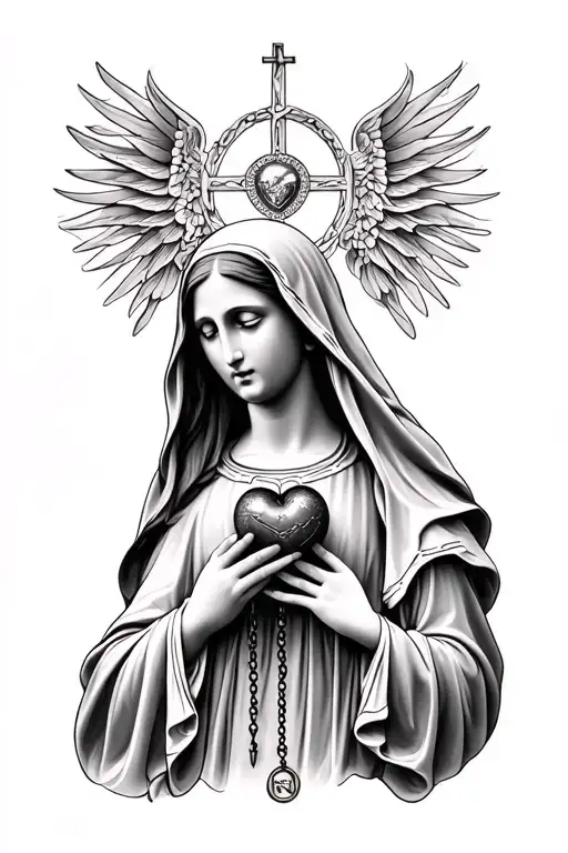 modern day baddie virgin mary holding a realistic heart and a rosary intertwined in her hands tattoo design idea
