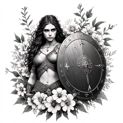 viking shield maiden surrounded by flowers and runes tattoo design idea