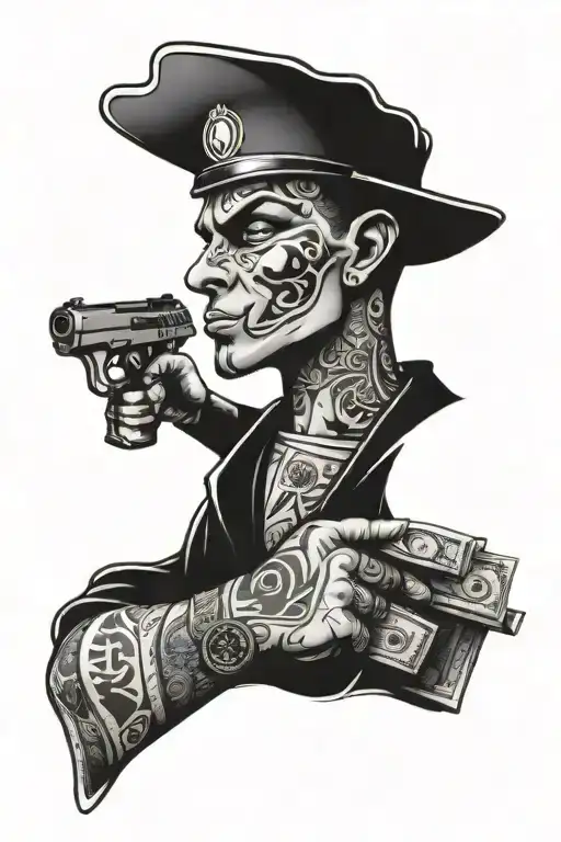 A tattoo design of a race car driver holding a smoking gun, with a pile of money and a cryptic symbol in the background tattoo design idea