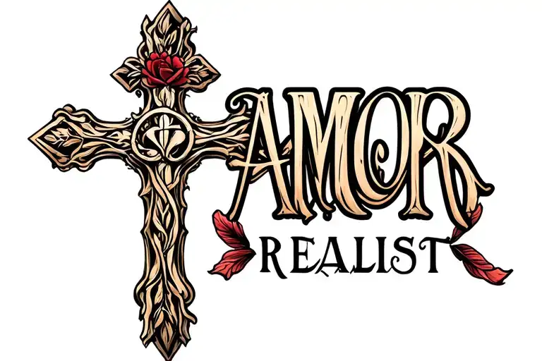 cross with the text amor tattoo design idea