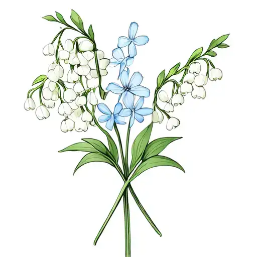 flower bouquet, lily of the valley flower, forget me not flower, cross at the stem, cancer ribbon around stem tattoo design idea