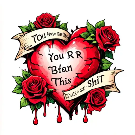 roses around a bleeding broken heart sewn together slightly with a banner that says You R Better Than This Shit tattoo design idea