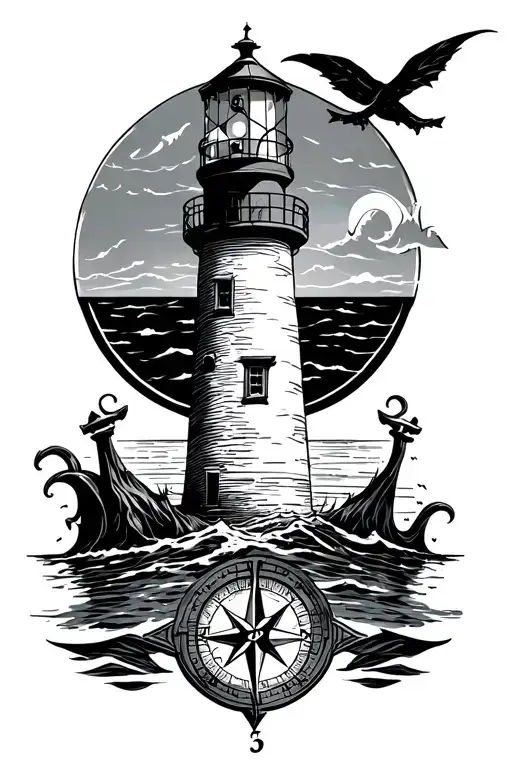 lighthouse and nautical compass surrounded tattoo design idea