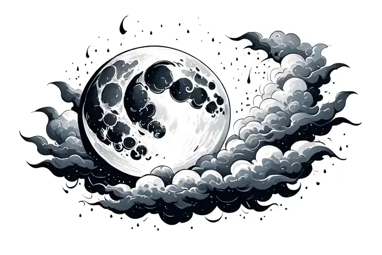 rain clouds surrounding a moon tattoo design idea