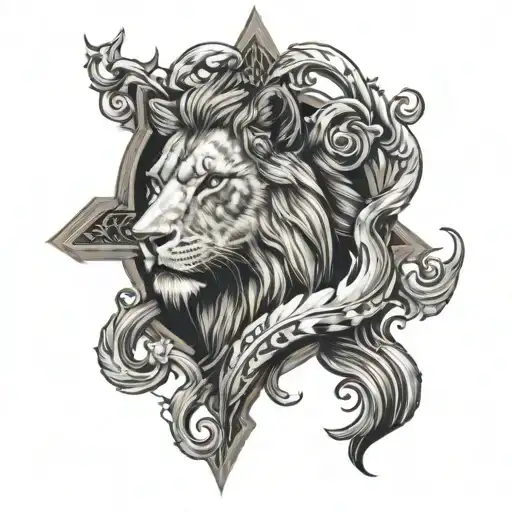 lion wolf surrounding cross tattoo design idea