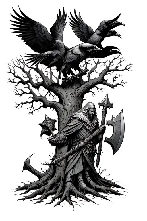 Norse mythology with the tree Yggdrasil, Odin’s ravens, and a Viking with a battle axe. tattoo design idea