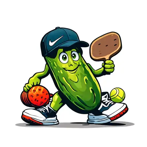 Cartoon pickle playing pickleball with a pickleball paddle in left hand, and wearing Nike shoes and Nike ball cap tattoo design idea