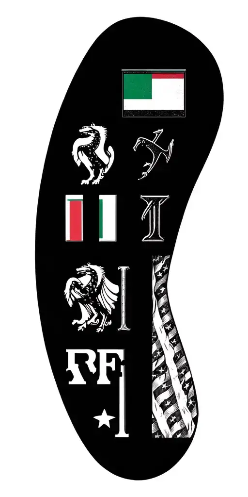 ferrari logo and Italian flag and American flag and Roman numeral 11 and the initial RRF all in black and white  tattoo design idea