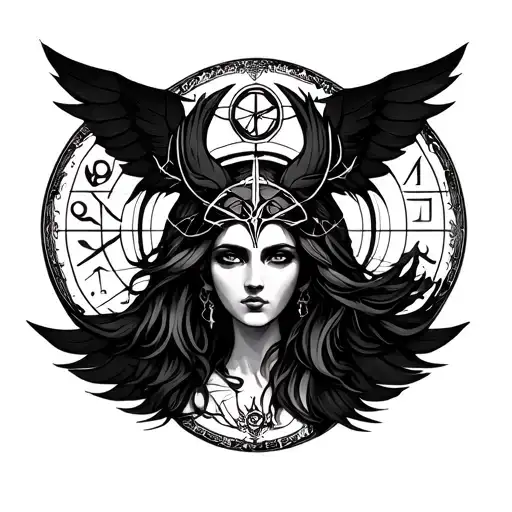 Create a tattoo for the forearm. Turn on the symbolism of Vikkanism, the zodiac sign Gemini and Hecate symbols tattoo design idea