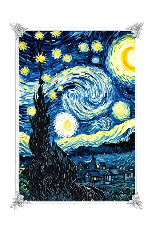 van gogh starry night in a frame tattoo design idea