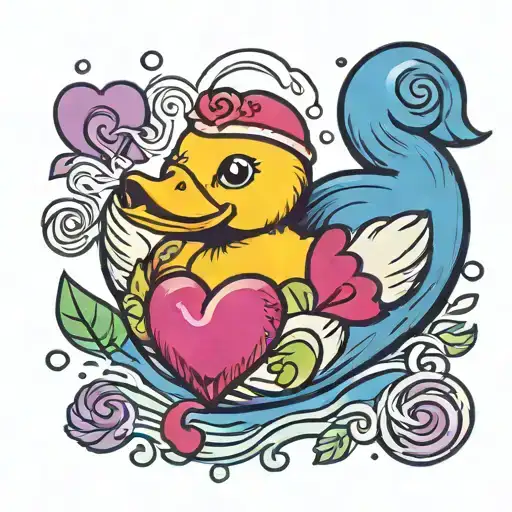 blue rubber duck with 2 hearts around it, one purple and one green.  tattoo design idea