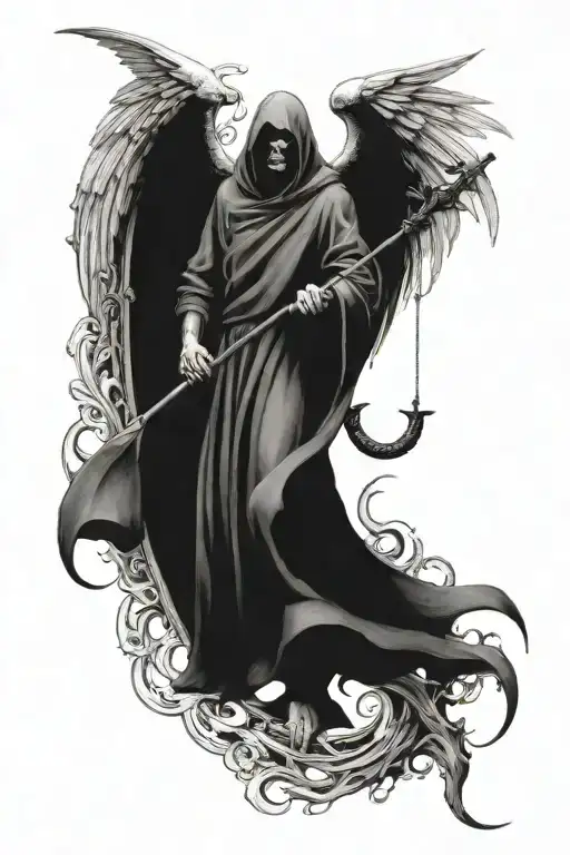 A combination of a reaper and arch angel symbolizing the balance between life and death tattoo design idea