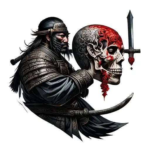samurai holding decapitate head tattoo design idea