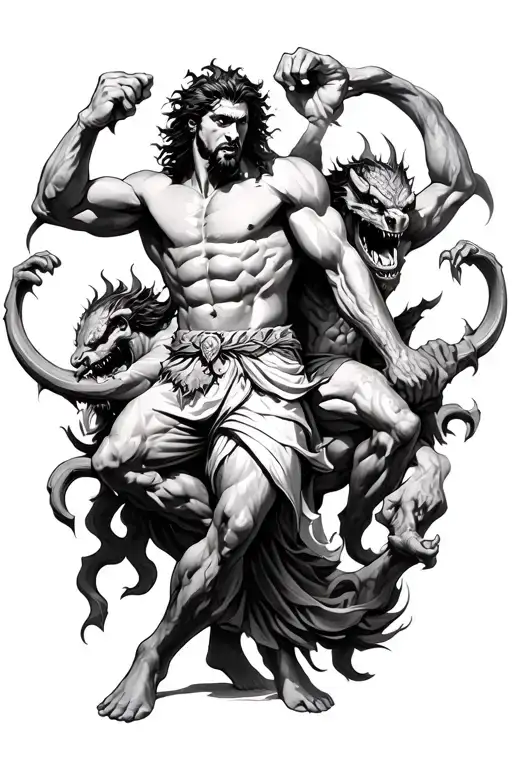 samson fighting demons tattoo design idea