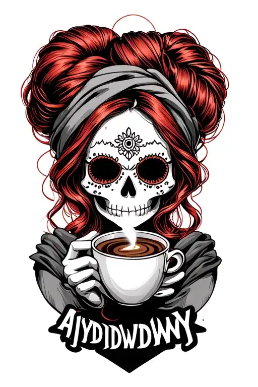 "AIYDIWDWY" sugar skull with red hair in a bun wearing a hair scarf holding a steaming coffee with KOP  tattoo design idea