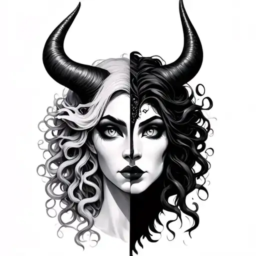 half Maleficent head with one black horn  instead of hair And Half Medusa Head with snakes instead of hair tattoo design idea