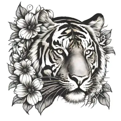 tiger face with flowers tattoo design idea