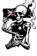 Skeleton smoking cigarettes wearing body chest plate holding ef88 styler against chest with a viable Australia flag patc tattoo design idea