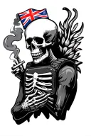 Skeleton smoking cigarettes wearing body chest plate holding ef88 styler against chest with a viable Australia flag patc tattoo design idea