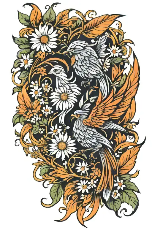 phoenix bird daisies and jasmine flowers intertwined tattoo design idea