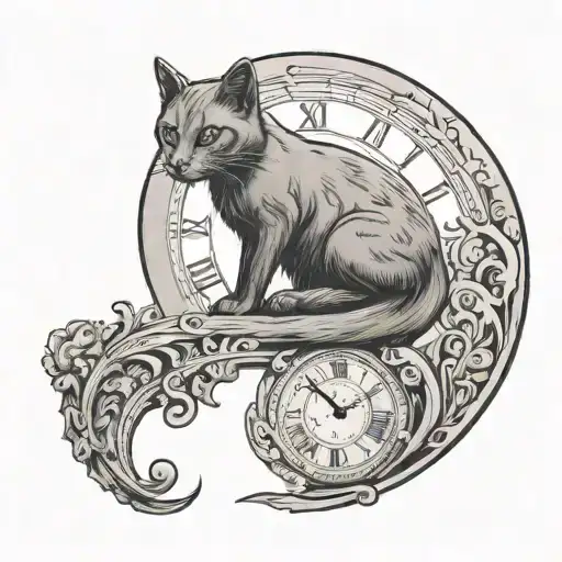 shaded mystical crescent Moon with a cat sitting alone on it with it's back towards us and a faded clock in the distance tattoo design idea