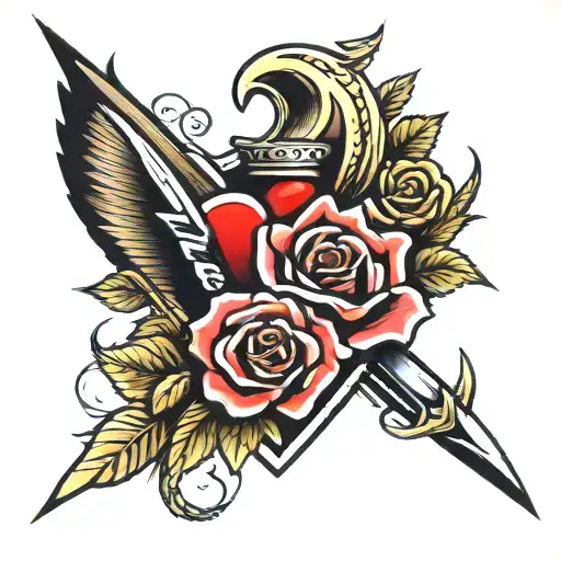 A bold traditional American tattoo design featuring a heart pierced by a dagger, surrounded by a vibrant rose and a maje tattoo design idea