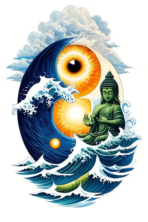 waves crashing in the background with fish yin yang, eye, St. George, Icarus fall,sun and clouds , Buddha tattoo design idea