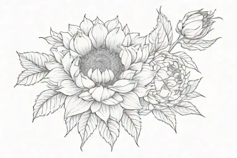 "Gnothis seauton" written with an open sunflower and a closed peony in the diagonal tattoo design idea
