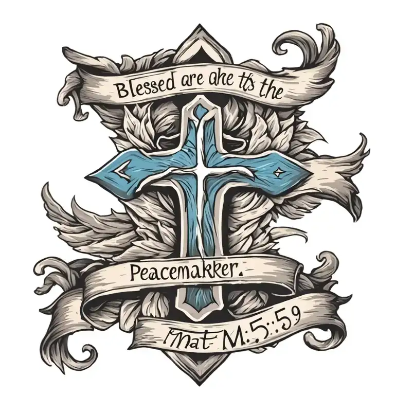 Cross with ""Blessed are the peacemakers" written on a draped blue sash.  Mat 5:9 written underneath tattoo design idea