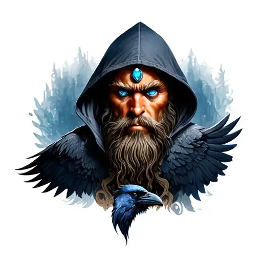 Odin in a hood with a blue bead in his left eye, and a raven below tattoo design idea