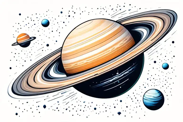 Saturn in space with Uranus surrounded by space and tiny dotted stars tattoo design idea