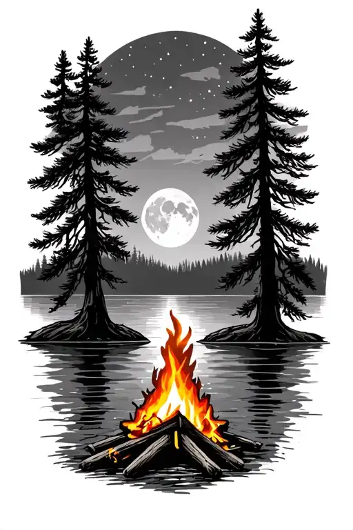 camp fire on a lake with pine trees and a moon less water tattoo design idea