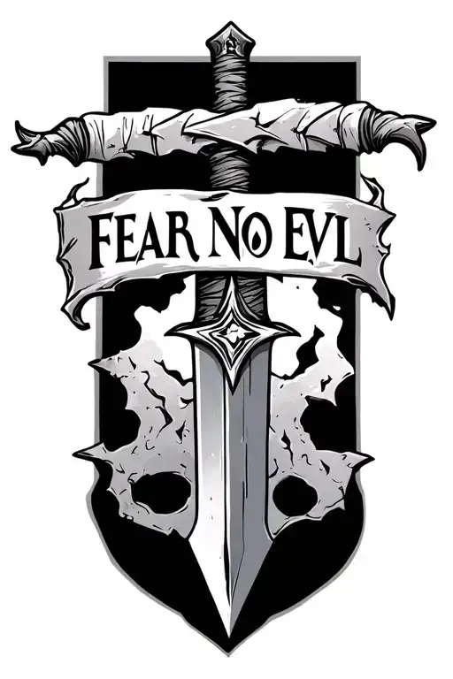 broken sword with text in the middle fear no evil tattoo design idea