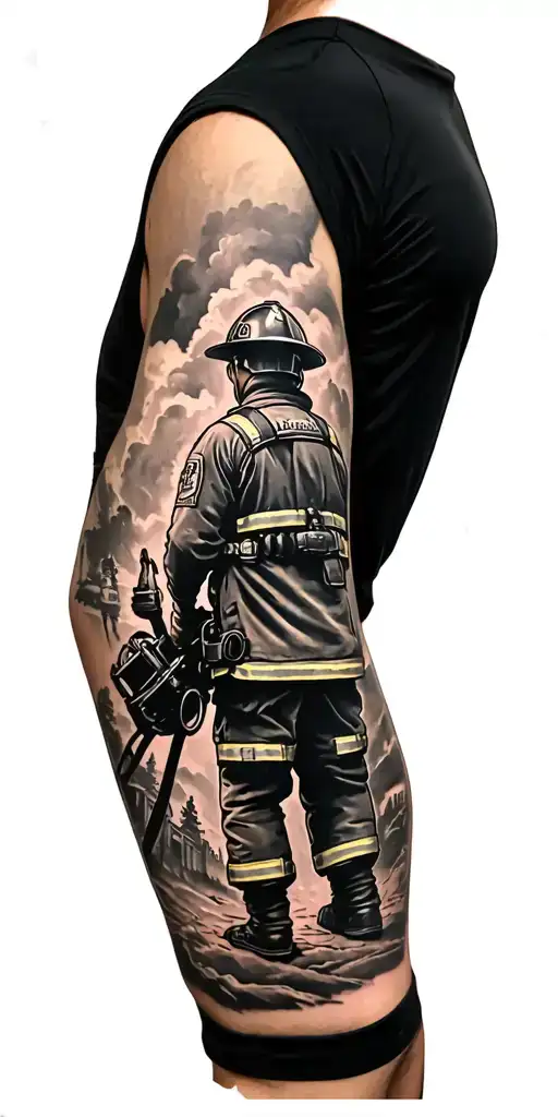 make a tattoo arm sleeve showing the evolution of a firefighter responding to a call as well as symbolizing the stone  tattoo design idea