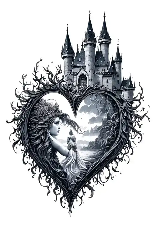 The queen of cold and darkness leaves the castle in the shape of a heart tattoo design idea