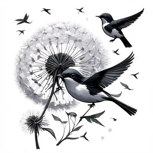 Shiané 06-02-2020, Luan 10-12-2015, swallows flying around, Dandelion being blown away, Fineline, feminine tattoo design idea