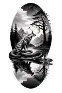 wolf, snake, mountains, forest scene, sinister, peacock, reflection in water, smoke tattoo design idea